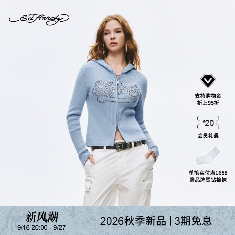 [Autumn New Arrivals] Ed Hardy Women's Autumn Washed Beaded Logo Zipper Knit Cardigan