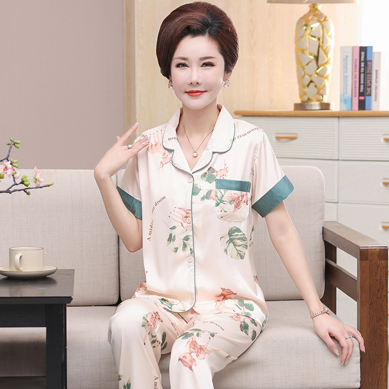 Middle-Aged Women's Silk Pajamas, Summer Thin Short-Sleeved Long Pants, Ice Silk, Mom's Summer Plus Size Silk Loungewear