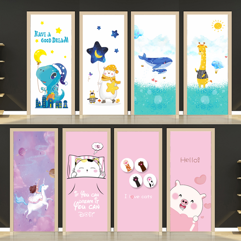 Children's Room Cartoon Dinosaur Dinner Dinosaur Night Sleeping Bear Whole Bag Door Stickers Kindergarten Renovated Door Applid waterproof self-adhesive