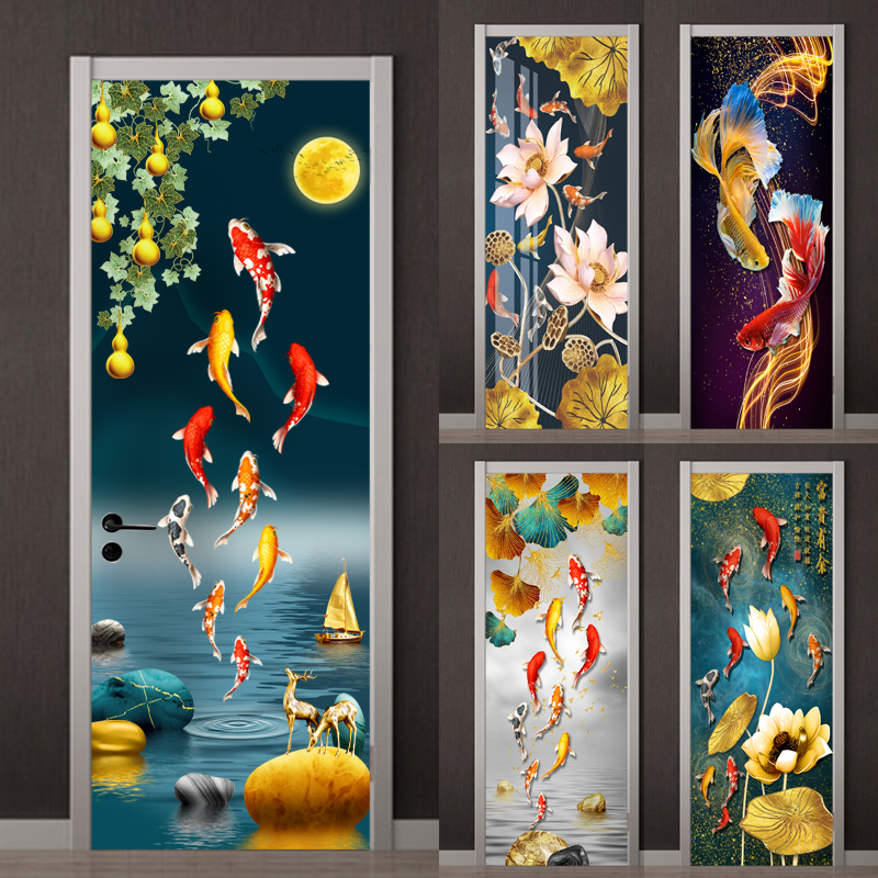 Nine fish door sticker whole refurbished self-adhesive wardrobe entrance bathroom glass door sticker sliding door decorative pattern