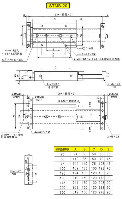 Xi lanh hai thanh trượt nhỏ bằng khí nén STMB10/16/20/25-50x100x150-S có thể điều chỉnh hành trình xi lanh xoay khí nén cấu tạo của xi lanh khí nén