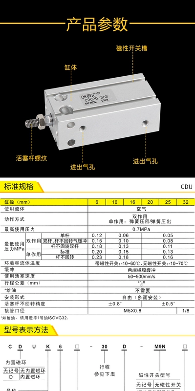 xi lanh nén khí Xi lanh lắp đặt miễn phí nhỏ bằng khí nén CDU/CDUK10/16/20/25/32*15-25-30-40-50S từ tính cấu tạo xy lanh khí nén xylanh smc