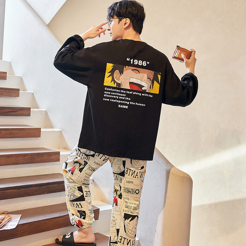 Sleepwear Men's spring and autumn Pure Cotton Long Sleeve Teenagers Cartoon Full Cotton Thin fall Worn Out of Home Suits Suit
