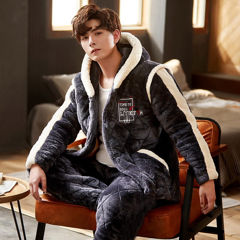 Pajamas Men's Autumn Winter Three Layers Clip Cotton Thickened Garnter Warm Coral Suede Flannel Suede Suit Winter Style