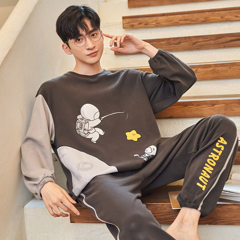 Pajamas men's spring and autumn cotton long-sleeved youth cartoon cotton thin section autumn student men's homewear suit