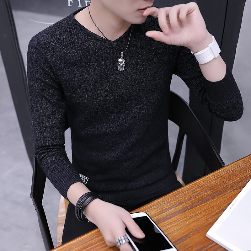 Sweater male V collar Spring autumn season thin section Korean version Hull Knit Bottom Jersey Trend Plus Suede Thickened V Collar Sanitary Clothing
