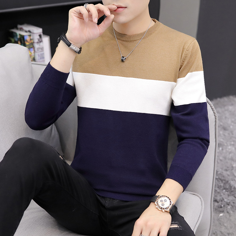 2021 autumn new round neck sweater men's striped knitted base shirt spring and autumn thin Korean slim trend sanitary clothing