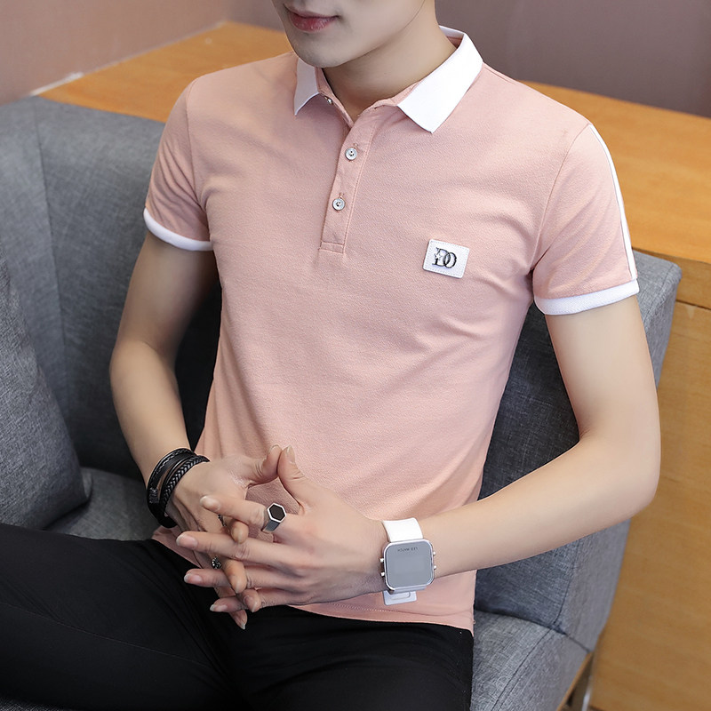 Men's short sleeve T-shirt Summer cotton lapel Men's shirt collar T-shirt student Korean slim pink top