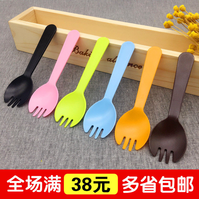 Disposable Fork Spoon Cake Fork Dessert Fork Spoon Ice Cream Spoon Fruit Fork Colored Plastic Fork Spoon 100pcs