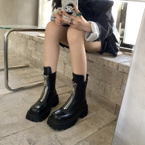 Pine Cakes Thick bottom Inn and Europe Len Wind Front Zipper Martin Boots Woman Fall New Heightening Square Head Genuine Leather Slim Short Boots