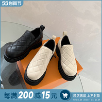 ABaojia thick bottom heightening genuine leather Lefu shoes female new rhomboid plaid round head One foot pedal pine pastry small leather shoes