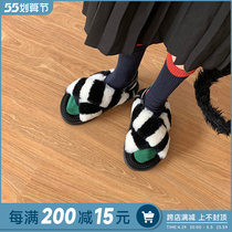 ABaojia Small Crowdstriped Cross Collision Color Warm Fur Sandals Women Outside Wearing Autumn And Winter New One Foot of Foot Dew