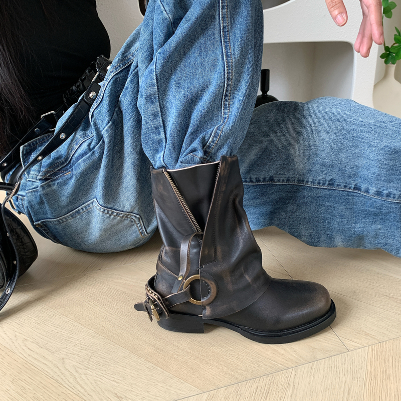【Western Wilderness】Distressed Vintage Motorcycle Boots with Sweet and Cool Thick Soles, Niche Design, Light Luxury Denim Short Boots for Women