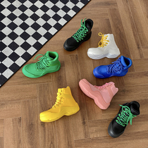 Thick bottom heightening waterproof JW BV climbing boots Womens autumn Winter new Candy Color Short Boots Lace Flat Bottom Martin boots