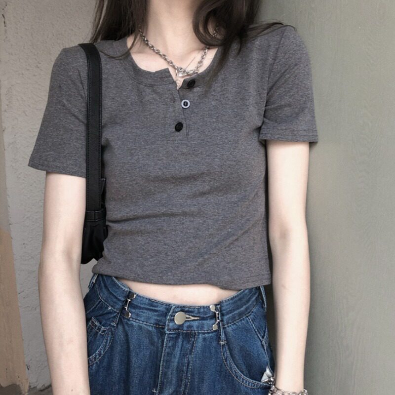 Vanya Design Short Sleeve T-shirt Summer Sexy and Tailored Small Spicy Girl Lu-umbil Short Pure Color Coat