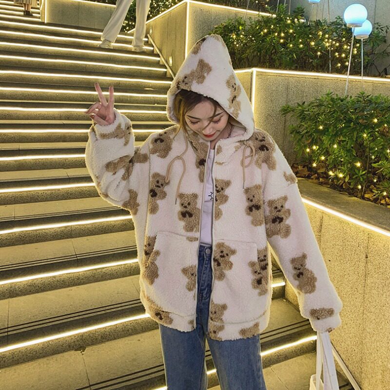 celine pianna small bear lamb wool coat female winter Korean version loose with small sublian cap thickened large coat
