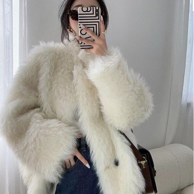 Fanya white rabbit fur coat women's winter Korean style loose all-match short thickened woven plush coat
