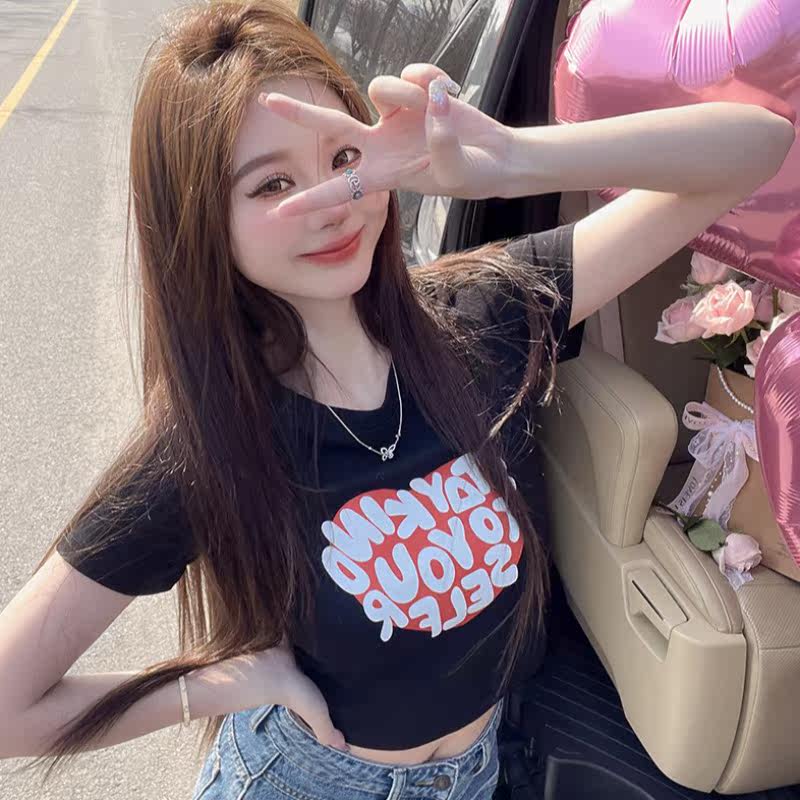 FAIRY MAJE retro short sleeve t shirt women summer 2023 new alphabet printed hot girl slim short coat