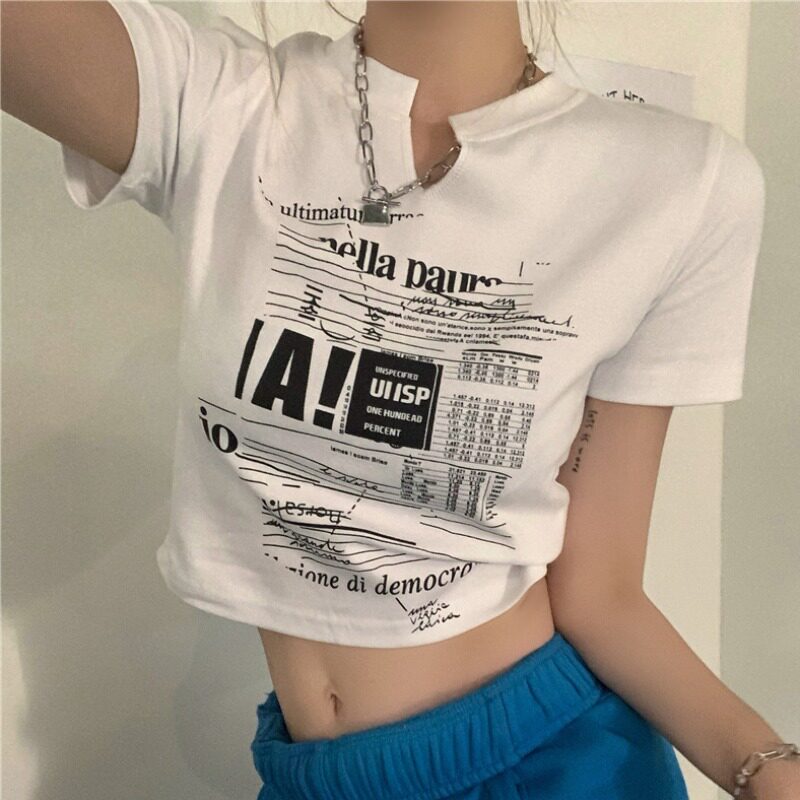 Vanya White Printed Short Sleeves T-Shirts Summer New Sexy V-collar Breakfast Luumb Short Coat