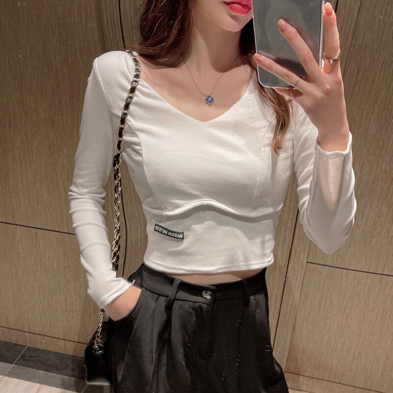 Vanya Autumn Winter New White Blade Woman Han Edition Short Short Winter with Long Sleeve V-collar T-shirt