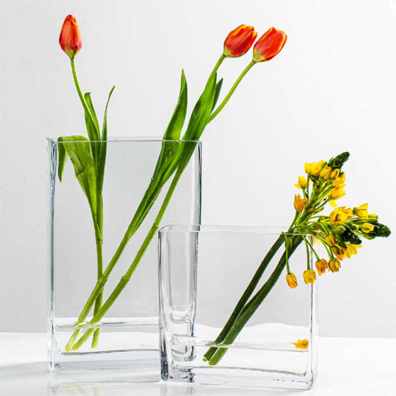 Living Room Handmade Rectangular Flat Vase Thickened Transparent Glass Vase for Flower Arrangement Hydroponics Tabletop Floral Decoration