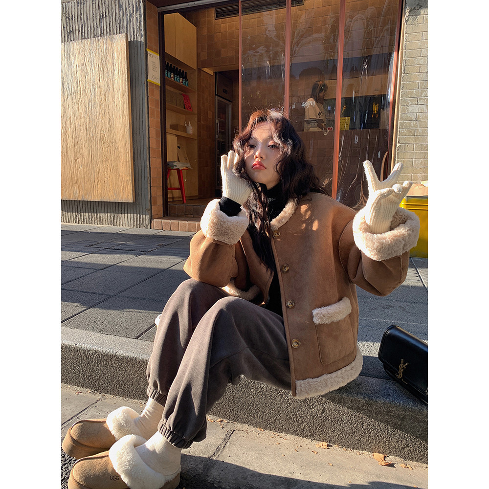 Zhang Bebeibell air layer suede emulated goat camel fur retro fashion warm fur integrated coat female winter-Taobao