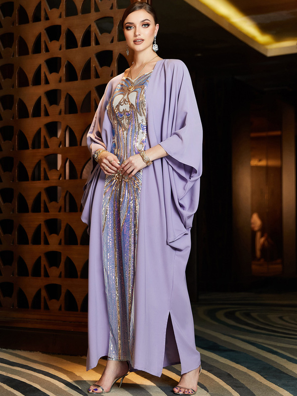 New Arabian Purple Iridescent Sequin Embroidered Cape Batwing Shirt Elegant Urban Style Long Dress Evening Gown Long Sleeves