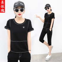 2021 summer new womens fashion short-sleeved three-point shorts Korean casual sports suit womens two-piece suit tide