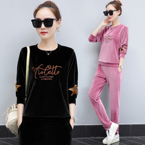 Gold velvet sports suit womens fashion 2021 new Korean spring and autumn casual clothes loose large size two-piece trend