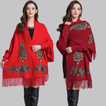 Autumn and winter cashmere shawl scarf dual-use thickened warm embroidered outer cloak Cloak Winter embroidered tassel cloak jacket