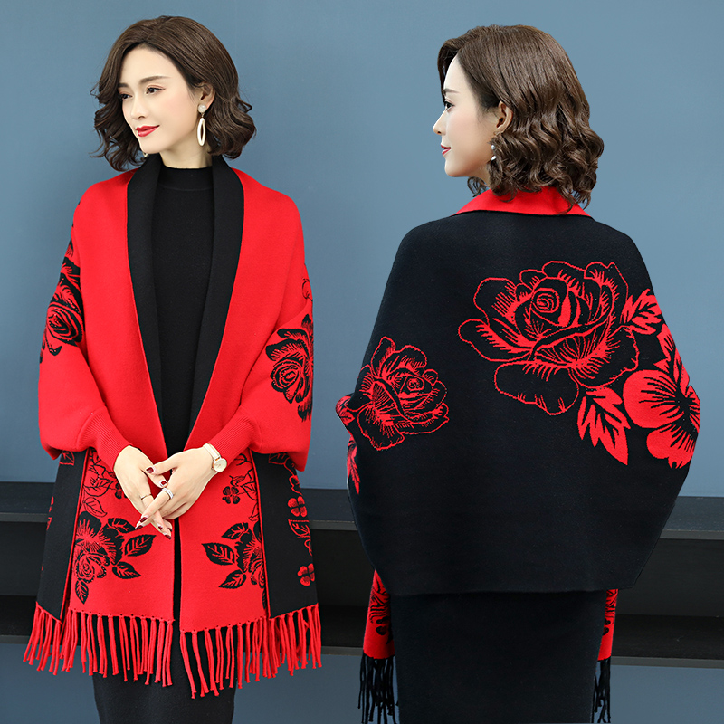 Cheongsam shawl Autumn female outer wool sleeve cloak Autumn and winter wild knitted cardigan cashmere shawl jacket