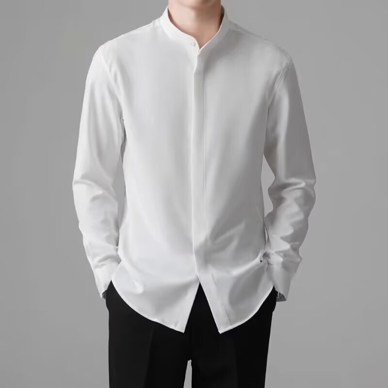 Autumn Men's Stand-Up Collar Shirt, Chinese Style Drapey White Shirt, Wrinkle-Resistant, No-Iron, Chinese Style Top, Casual Long-Sleeve Trendy Shirt Autumn Men's Stand-Up Collar Shirt, Chinese Style Drapey White Shirt, Wrinkle-Resistant, No-Iron, Chinese Style Top, Casual Long-Sleeve Trendy Shirt
