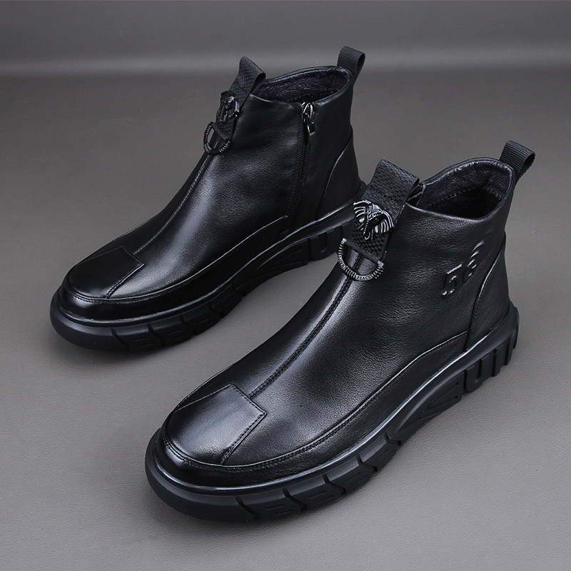 Men's shoes 2021 new autumn and winter leather Martin boots men's fleece high-top shoes cowhide thick-soled trendy casual leather boots