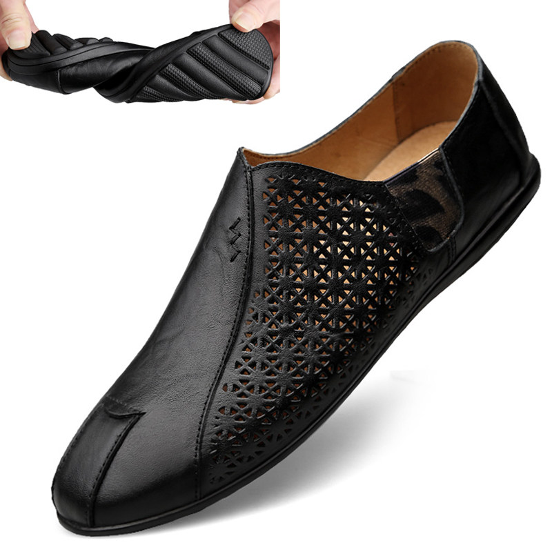 Summer Soft Bottom Breathable Bean Bean Shoes Men Genuine Leather Hollowed-out Casual Leather Shoes Han Prints 100 Hitch Shoes Personality Sloth Shoes