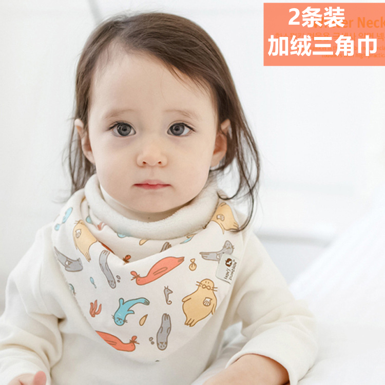 Korean version Baby plus suede Triangle Towel Baby Saliva towel Winter thick Early Childhood Siebs 0-5-year-old scarf Pure cotton Wai-Taobao