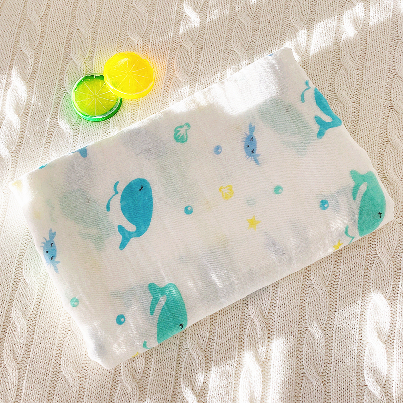 Thin / Blue Whale / Double Layer Pure Cotton Cloth Towelmuslin baby Gauze Bandage summer Thin Cuddle quilt primary baby package Envelop summer Small quilt Blanket