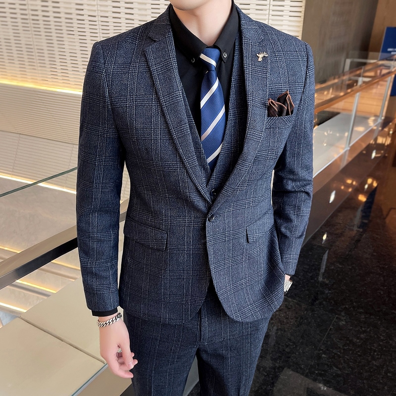 Suit suit suit men Plaid slim Korean business casual dress trend suit jacket groom wedding dress