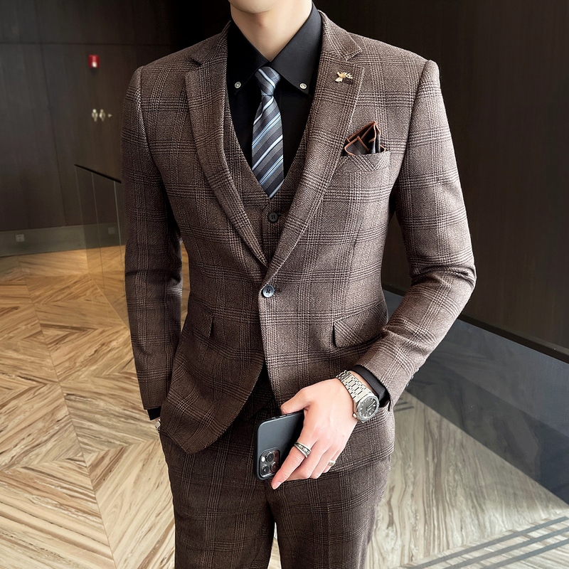 Groom suit suit men's Korean version of the trend casual business formal dress wedding dress plaid suit jacket