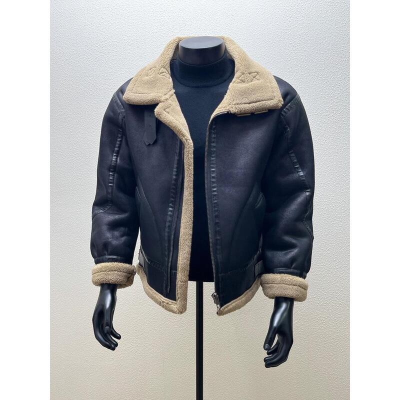 Men's Shearling Leather Jacket, Autumn and Winter Trendy Brand, Lamb Wool Plush Pu Leather Jacket, Motorcycle Jacket, Fleece-Lined and Thickened Leather Coat