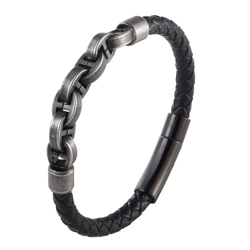 【Hot Item】Cross-Border Leather Bracelet Handmade Woven Chain Men's Leather Bracelet with Stainless Steel Clasp