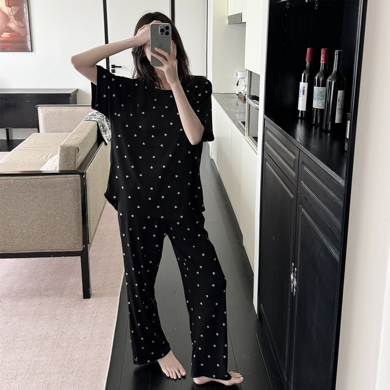 Casual Pajamas for Women, New Style, Modal Cotton with Chest Pads, Round Neck, Short Sleeves, Long Pants, Can Be Worn Outside, Home Wear Two-Piece Set