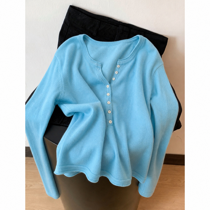Chao Ya Ya Lumiera Lake Blue Long-Sleeve Knit Sweater for Women 2026 Autumn New Loose-Fit Elegant Round Neck Top Chao Ya Ya Lumiera Lake Blue Long-Sleeve Knit Sweater for Women 2026 Autumn New Loose-Fit Elegant Round Neck Top