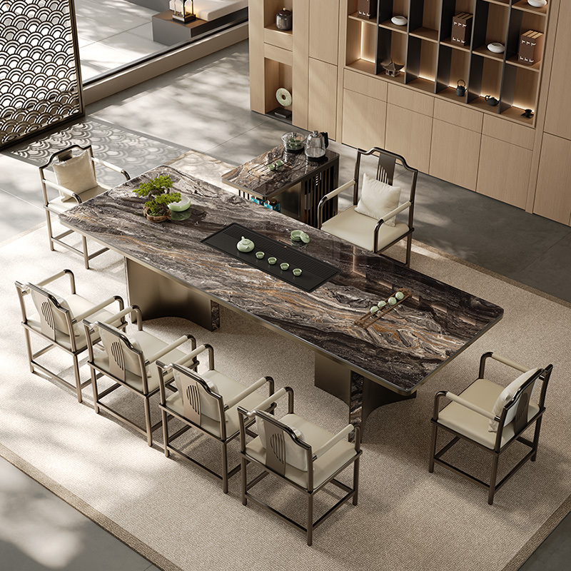 Luxury Stone Tea Table and Chair Set for Home Living Room, New Chinese-Style Zen Tea Table for Office Use