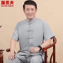 Chinese style Tang suit mens short-sleeved linen suit summer middle-aged and elderly cotton hemp Hanfu male Chinese-style buckle dad dress