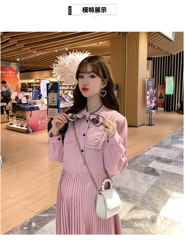 Maternity Spring 2020 Đầm bà bầu dài tay mới Đầm bà bầu hàn quốc Đầm bà bầu xếp ly thêu cao cấp - Áo thai sản