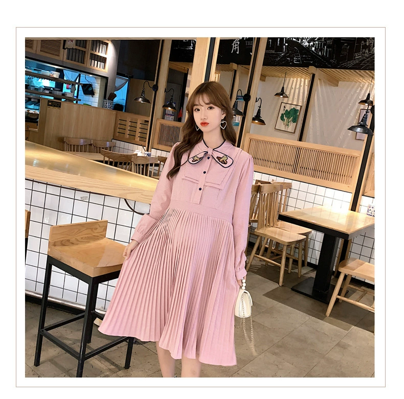 Maternity Spring 2020 Đầm bà bầu dài tay mới Đầm bà bầu hàn quốc Đầm bà bầu xếp ly thêu cao cấp - Áo thai sản