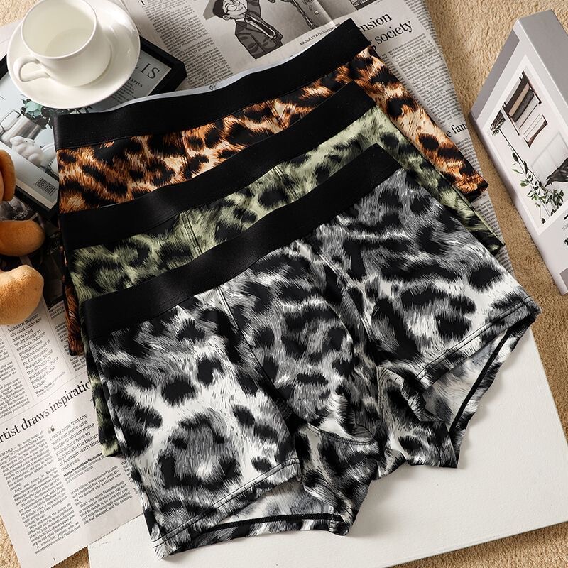 Leopard Print Men's Ice Silk Underwear, High-End Trendy Comfortable Cute Boxer Briefs, Large Size Breathable Personalized Four-Corner Shorts