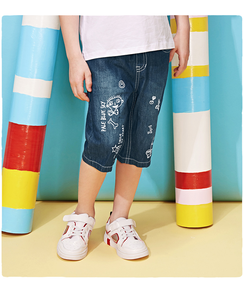 A21 trẻ em quần short denim mùa hè trai quần short mặc cotton denim cao su eo quần bé bảy quần mùa hè