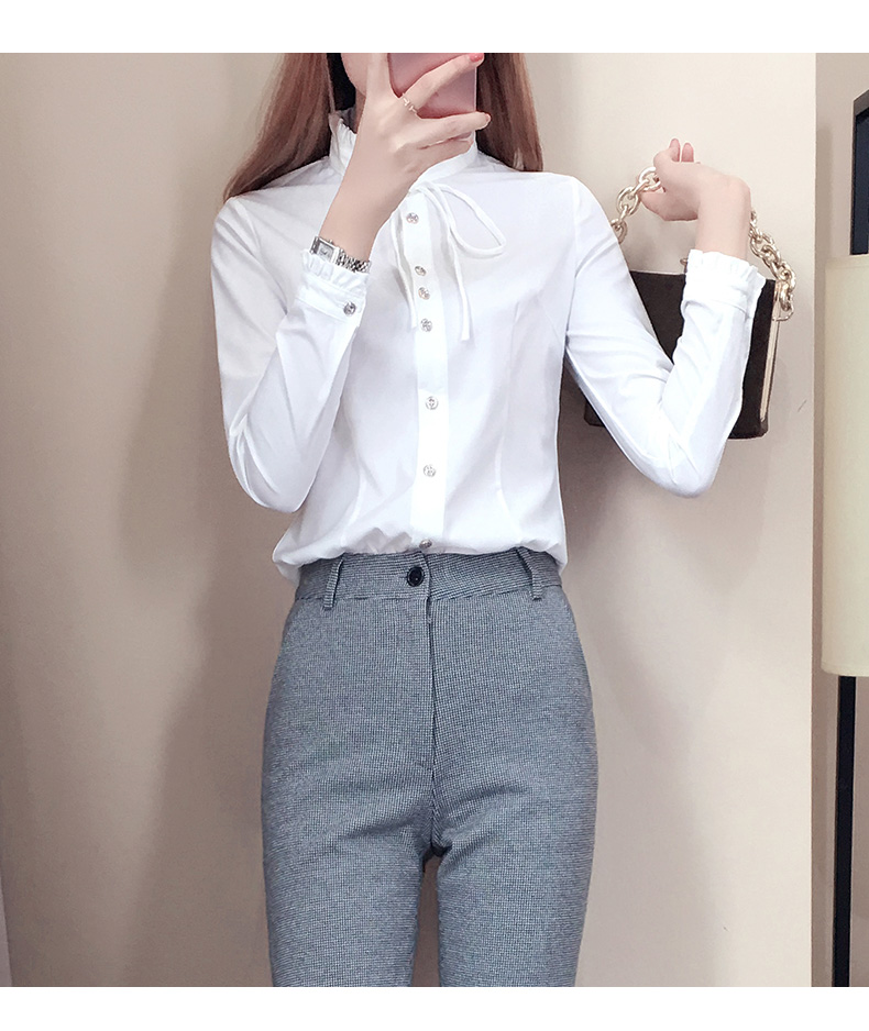 Áo sơ mi trắng cổ lọ ren nữ Han Fan 2018 xuân mới cho nữ dài tay chạm đáy lấy áo chuyên nghiệp mùa thu áo kiểu voan
