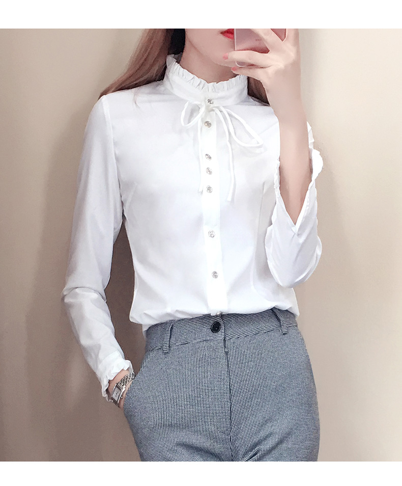 Áo sơ mi trắng cổ lọ ren nữ Han Fan 2018 xuân mới cho nữ dài tay chạm đáy lấy áo chuyên nghiệp mùa thu áo kiểu voan